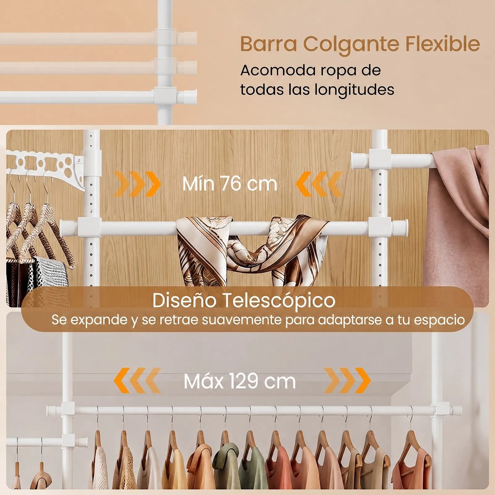 Cabideiro de Roupa 139-244 x 110-315 cm , Estrutura de Pé com 4 Barras Extensíveis, Branco