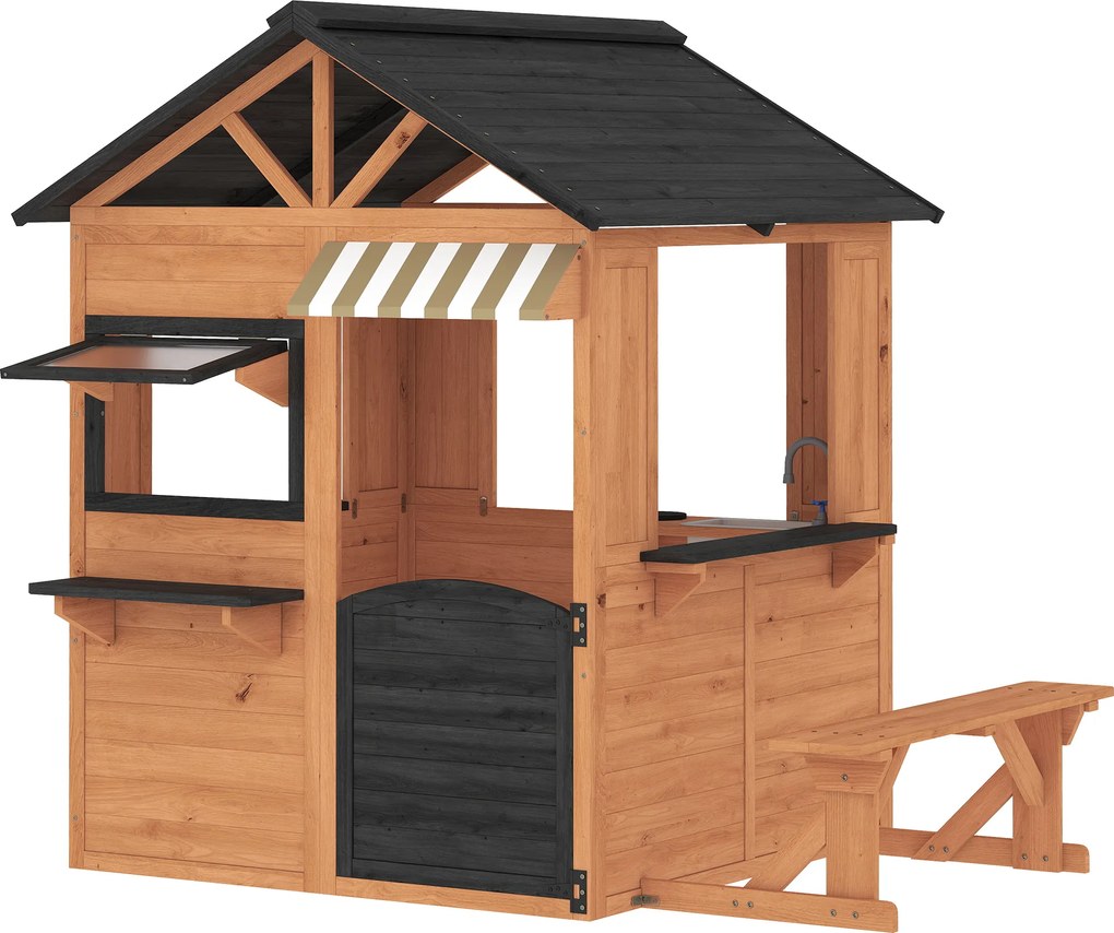 AIYAPLAY Casa de Brincar Infantil em Madeira para Exterior com Cozinha Banco Balcão Janela Porta para 3-8 anos 171,5 x 146 x 156 cm Castanho | Aosom Portugal