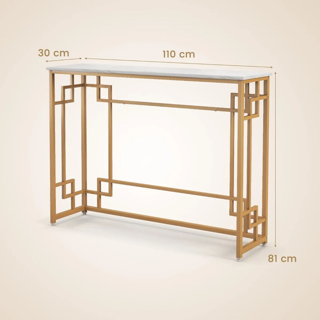 Mesa consola estreita com mesa lateral superior de mármore com dispositivo anti-tombamento para entrada da sala 110 x 30 x 81 cm branco e dourado