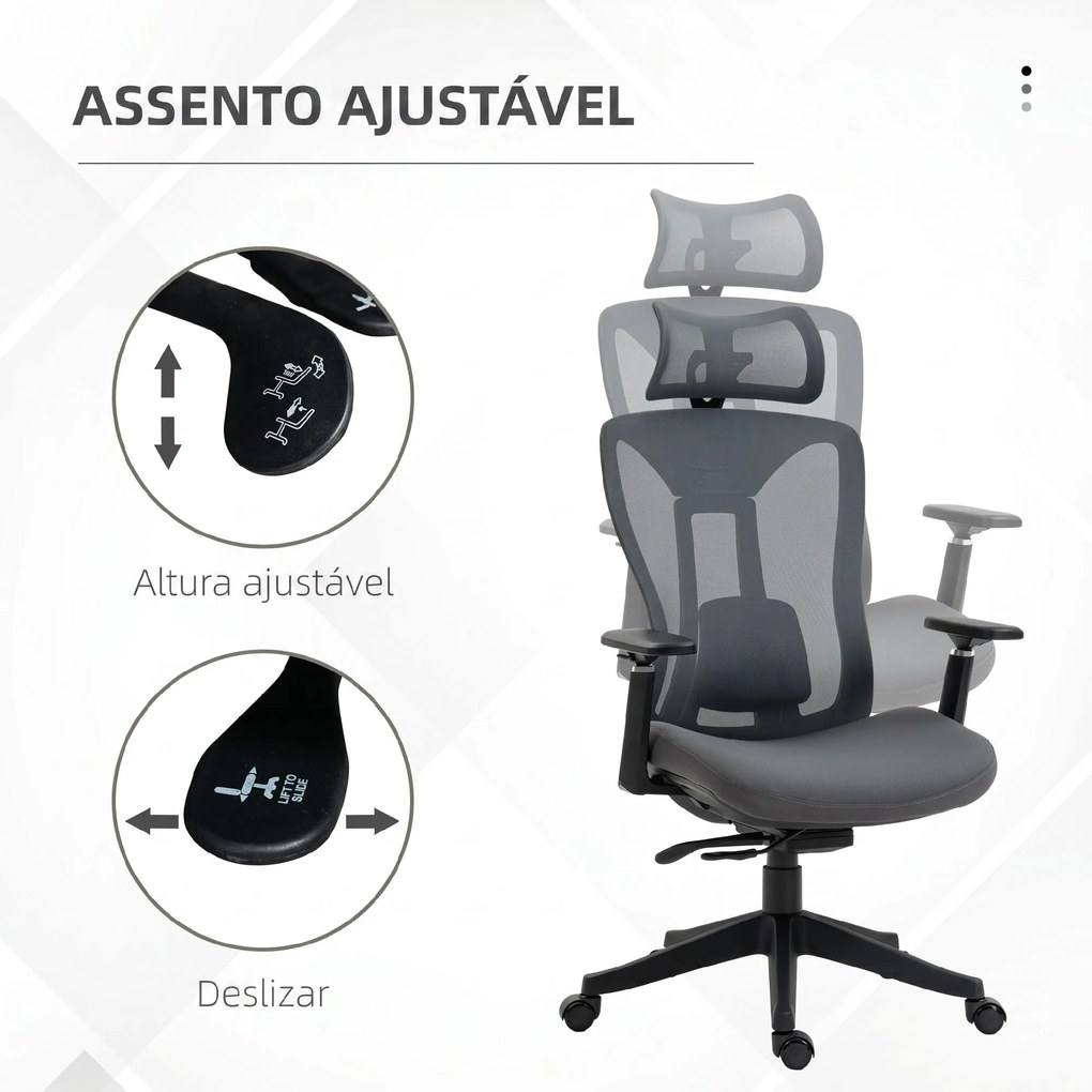 Cadeira de Escritório em Malha com Apoio de Cabeça Ajustável Apoio Lombar e Apoios de Braços 3D 70x66x128 cm Cinza