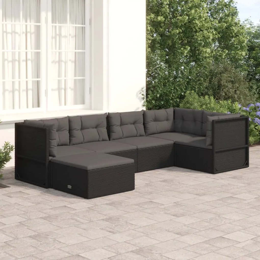 vidaXL 6 pcs conjunto lounge de jardim c/ almofadões vime PE preto