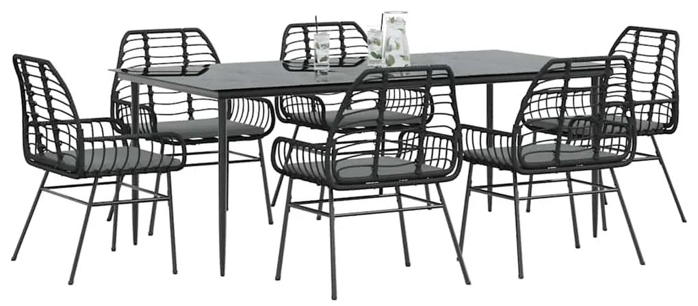 vidaXL Conjunto de jantar jardim 7 peças almofadas vidro vime PE preto
