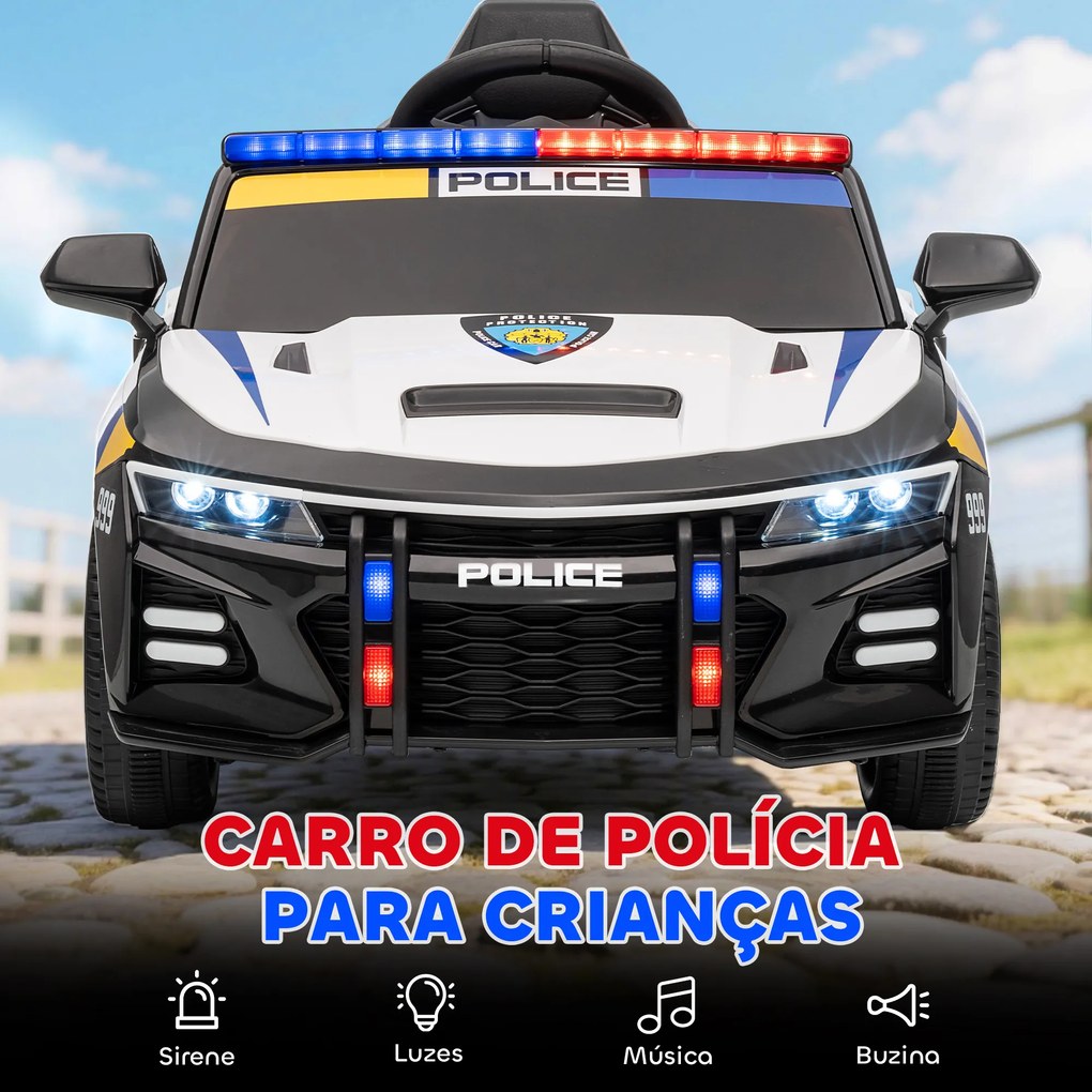 Carro Elétrico Infantil Modelo Policia 12V com Comando a Distância 2,4 Luzes Sirene Música USB e Suspensão 96x60x45 cm Multicor