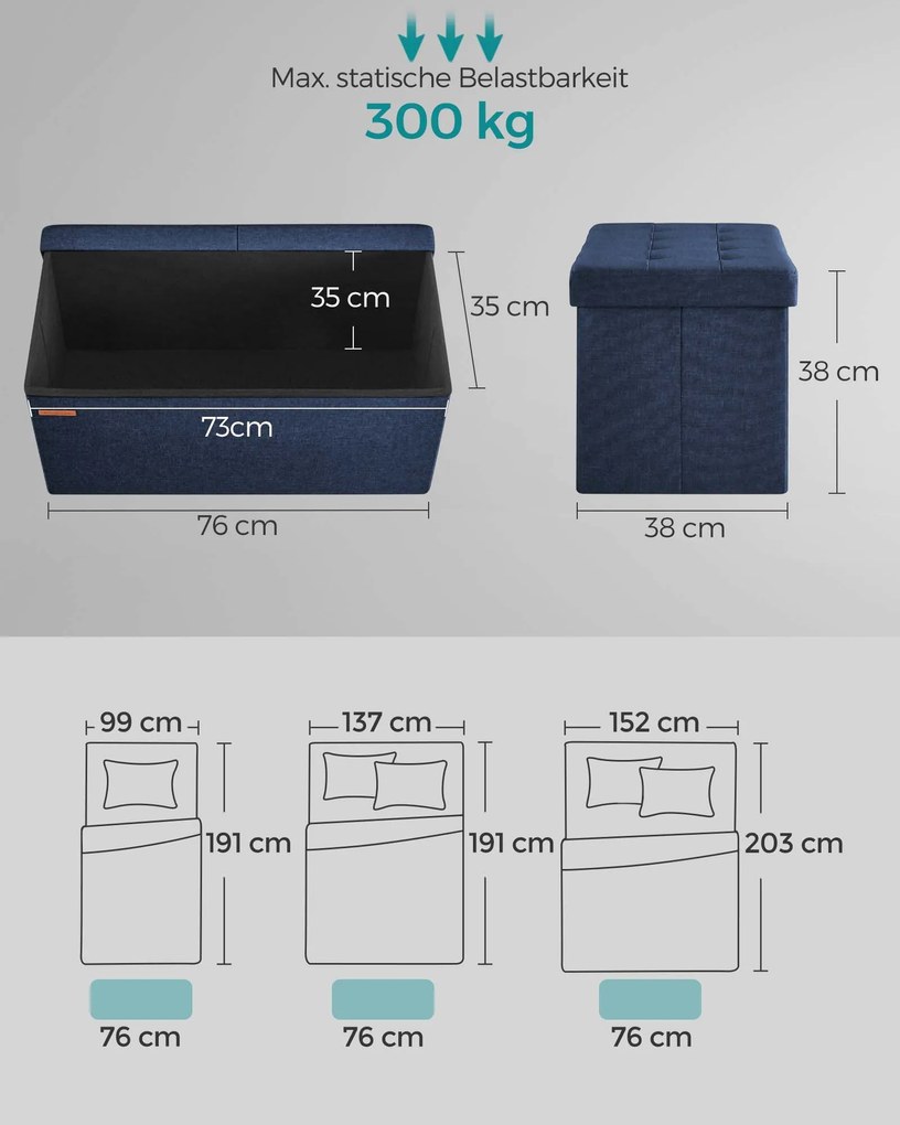 Banco entrada ou quarto com espaço de arrumação 38 x 76 x 38 cm azul