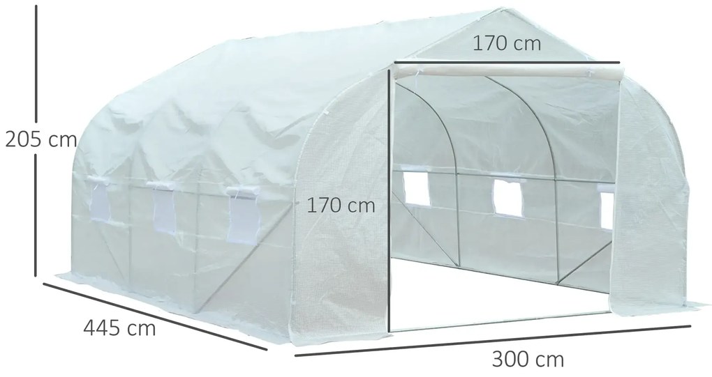 Estufa Tipo Túnel 445x299x200cm com Porta Enrolável 6 Janelas Estufa para Cultivo de Plantas Verduras Branco