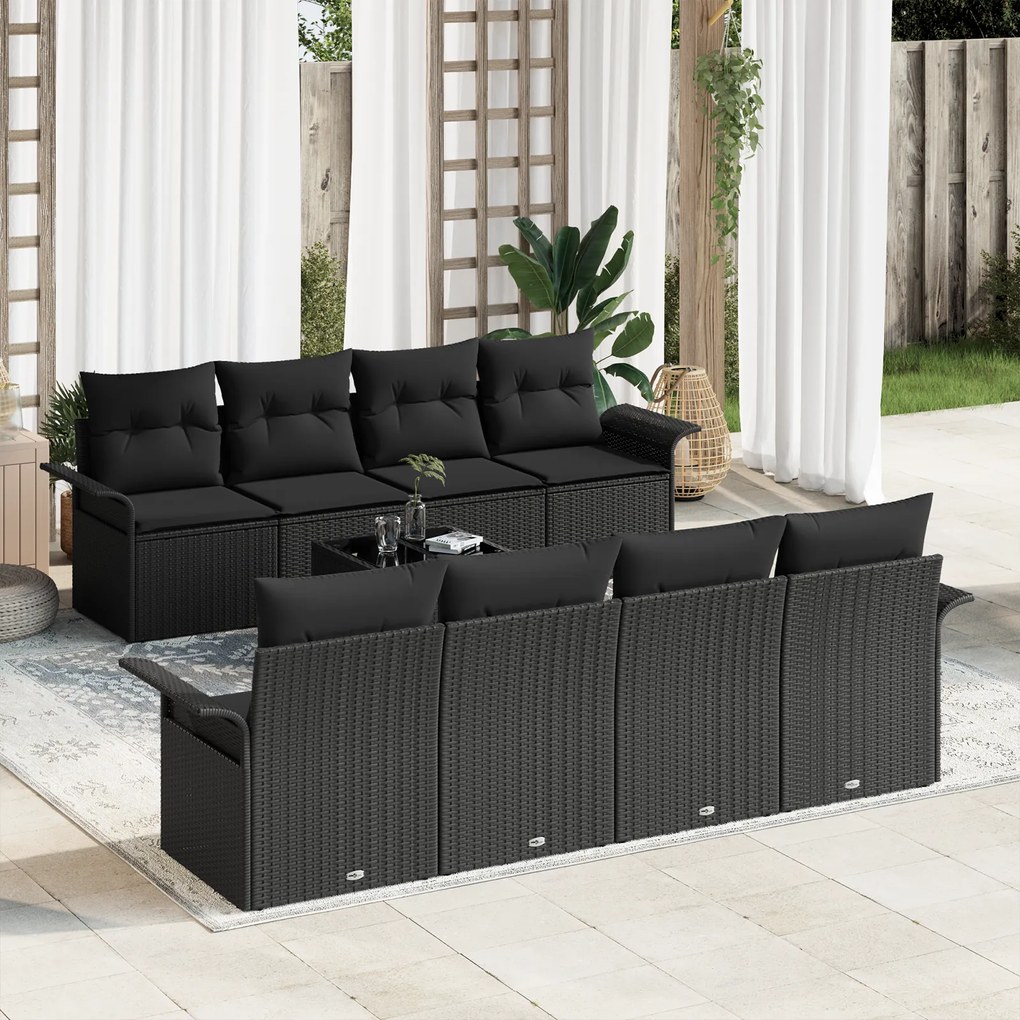 Conjunto de Sofás de Jardim 9 Peças com Almofadas vidaXL Preto Rattan