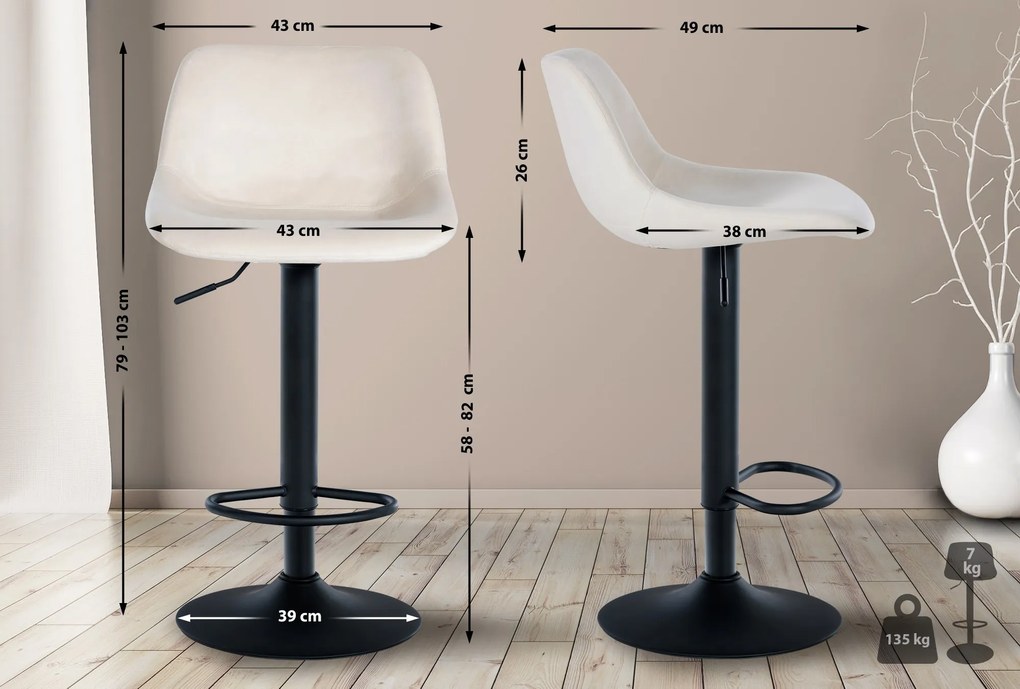 Conjunto de 2 bancos de bar Loft em veludo com estrutura preta 79-113 x 43 x 49 cm Creme