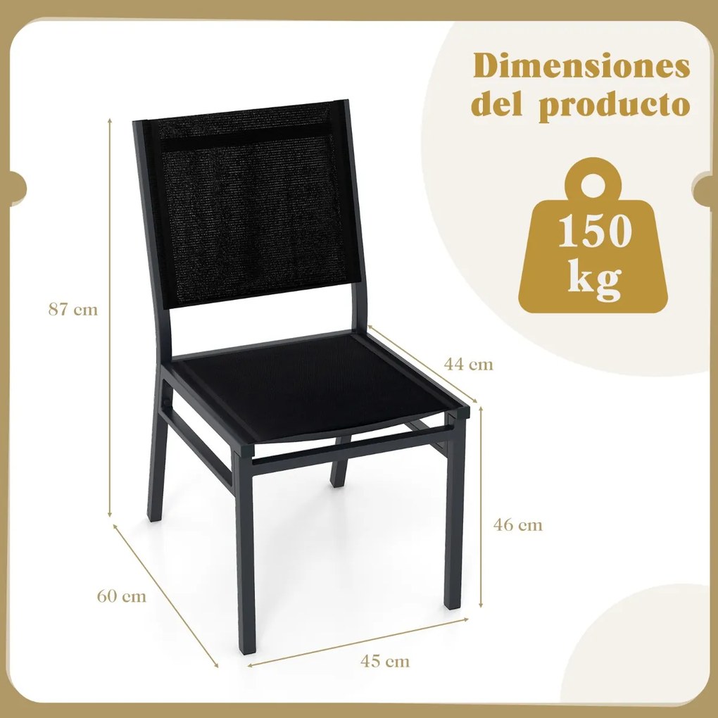 Conjunto de 2 cadeiras de jardim com assento de encosto respirável e estrutura de alumínio robusta para varanda Jardim Preto