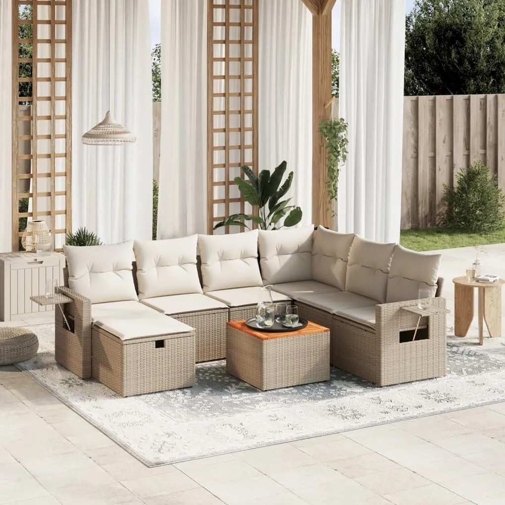 8 pcs conjunto de sofás p/ jardim com almofadões vime PE bege