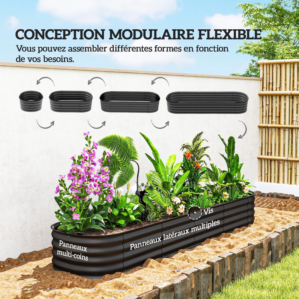 Floreira 240 x 62 x 30 cm de jardim em aço galvanizado, modular, para legumes, plantas e flores,, cinzento escuro