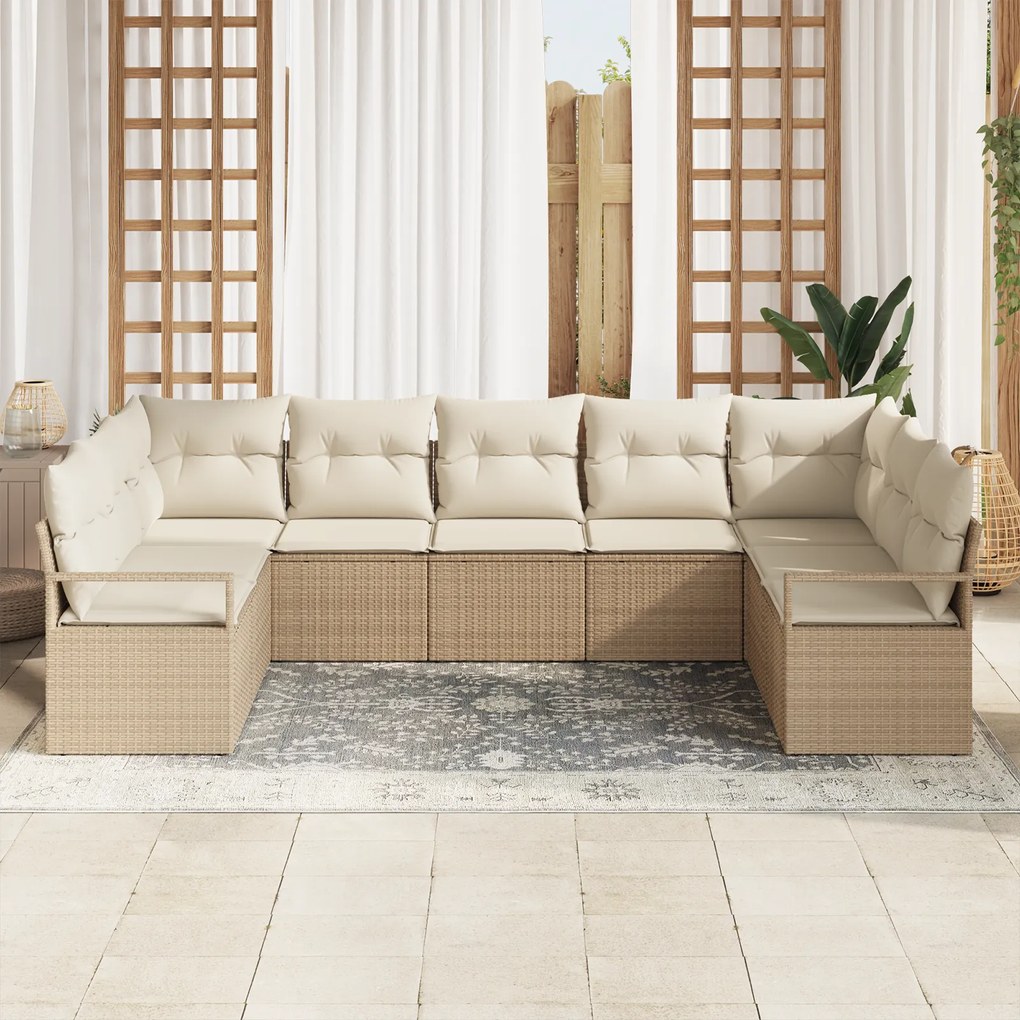 Conjunto de Sofá de Jardim vidaXL 9 Peças com Almofadas Bege Rattan