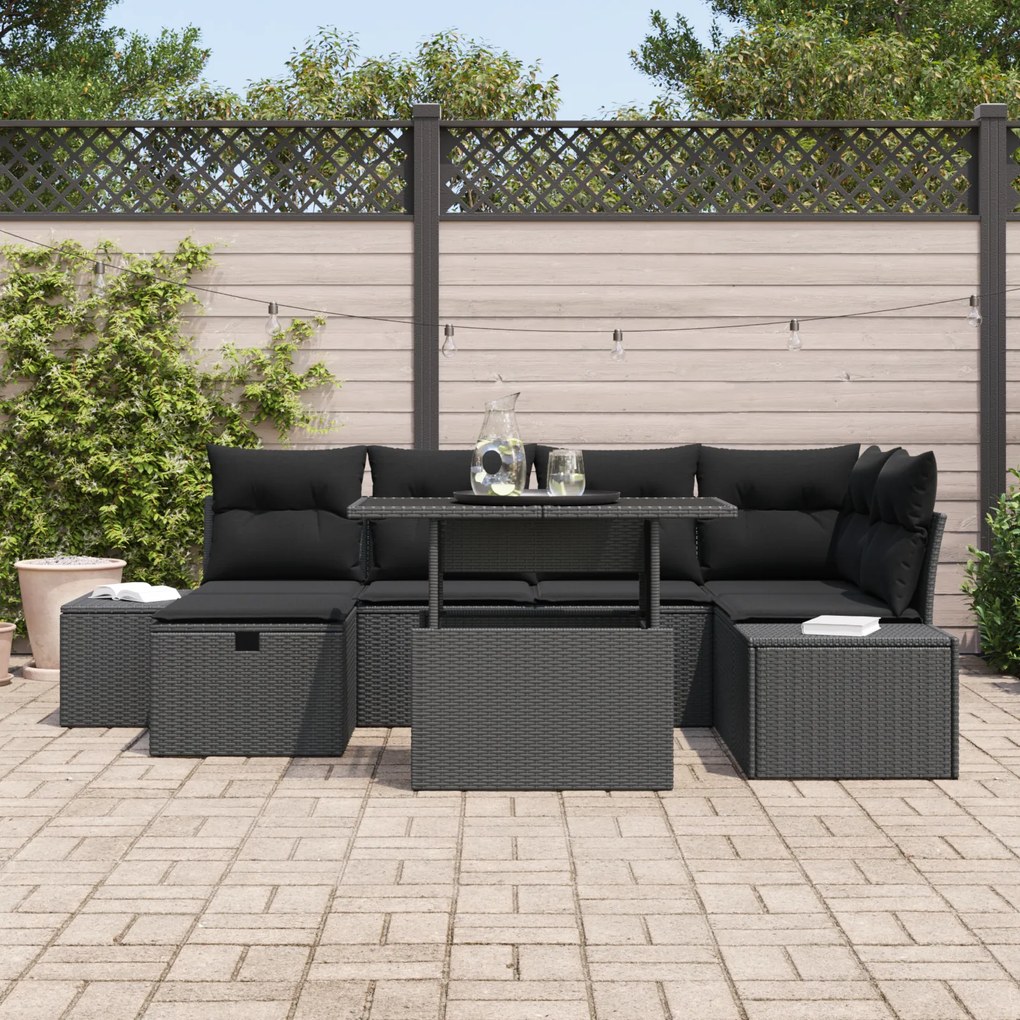 Conjunto de Sofás de Jardim de 7 Peças com Almofadas Preto Rattan Poli