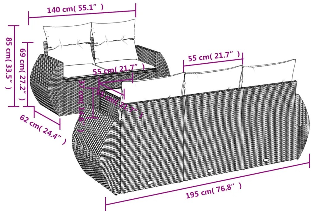 6 pcs conjunto de sofás jardim c/ almofadões vime PE castanho