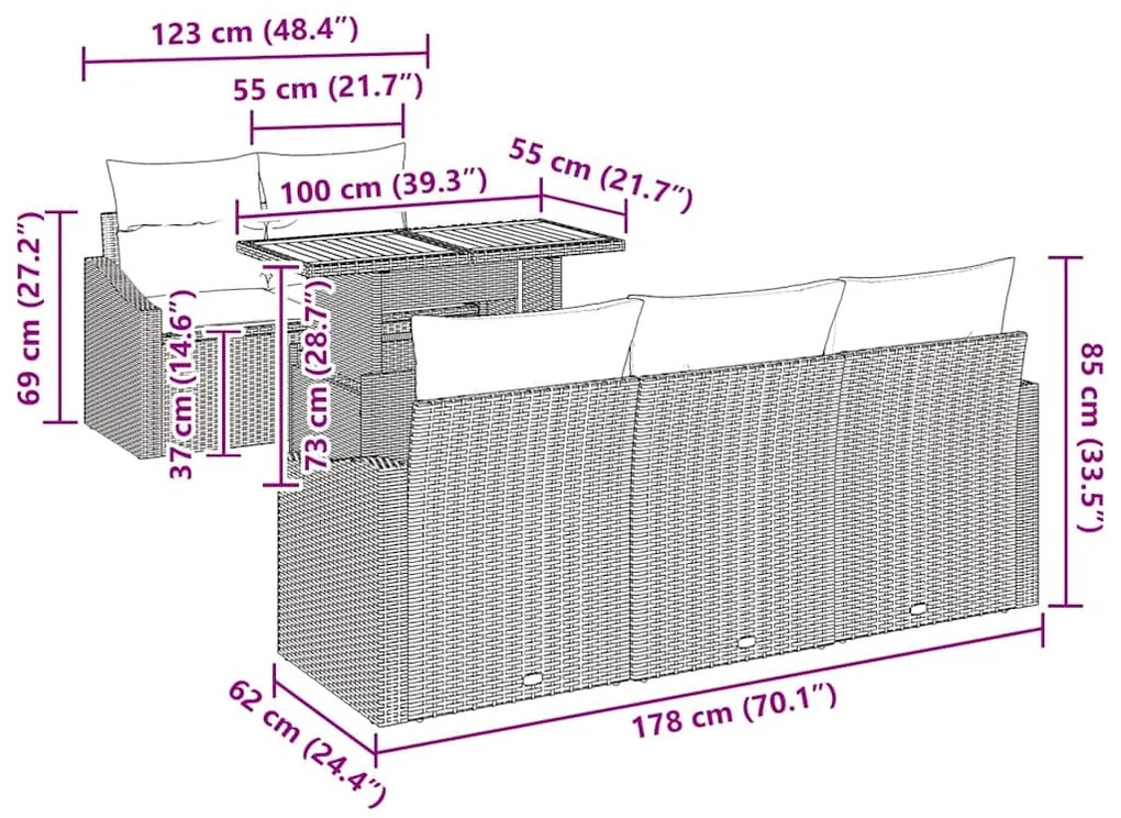 Conjunto de Jantar para Jardim de 6 Peças com Almofadas Pretas de Ratt