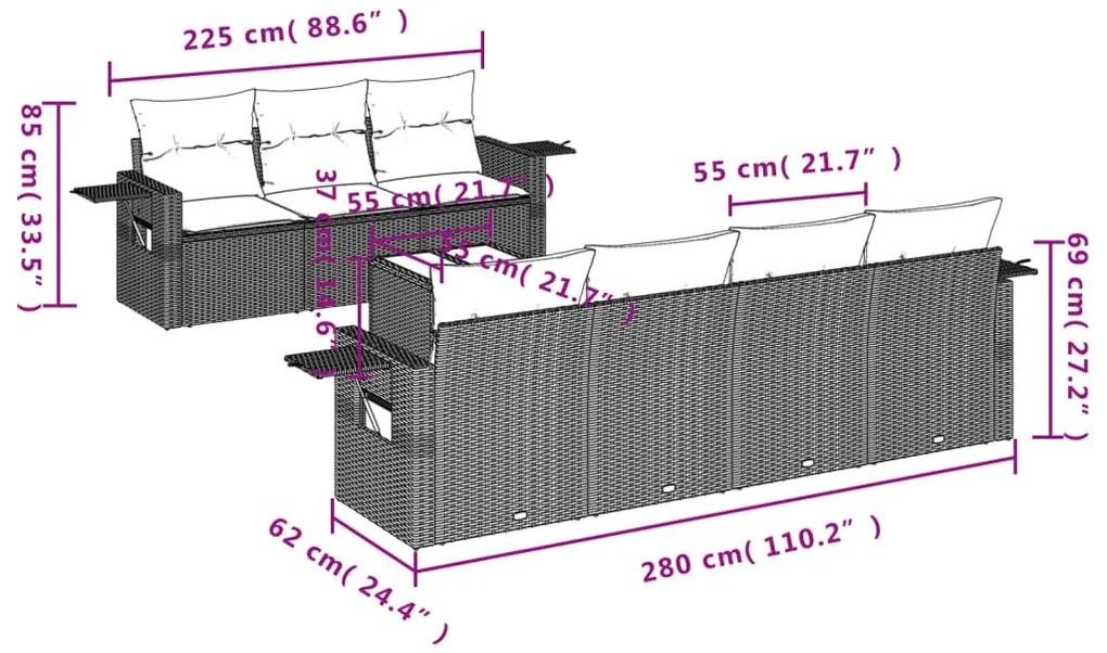 8 pcs conjunto de sofás p/ jardim com almofadões vime PE bege