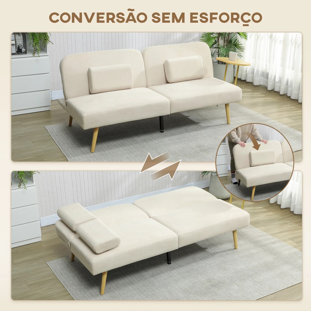 Sofá Cama de 3 Lugares com Mesa Auxiliar 3 em 1 com Encosto Ajustável Abertura Click-Clack 196x86x81 cm Bege