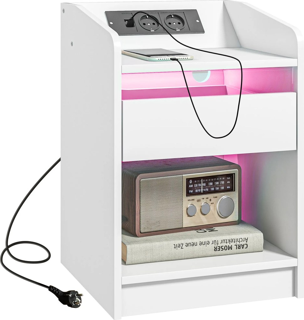 Mesa de Cabeceira com Luzes LED Gaveta Prateleira Estação de Carregamento Entrada USB e Controlo Remoto 40x40x58 cm Branco