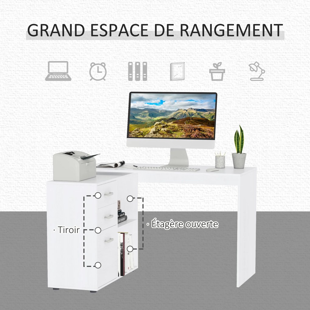 Secretária de canto, secretária reta modular, mesa de jantar 2 em 1, secretária para computador, 3 gavetas + 2 compartimentos abertos