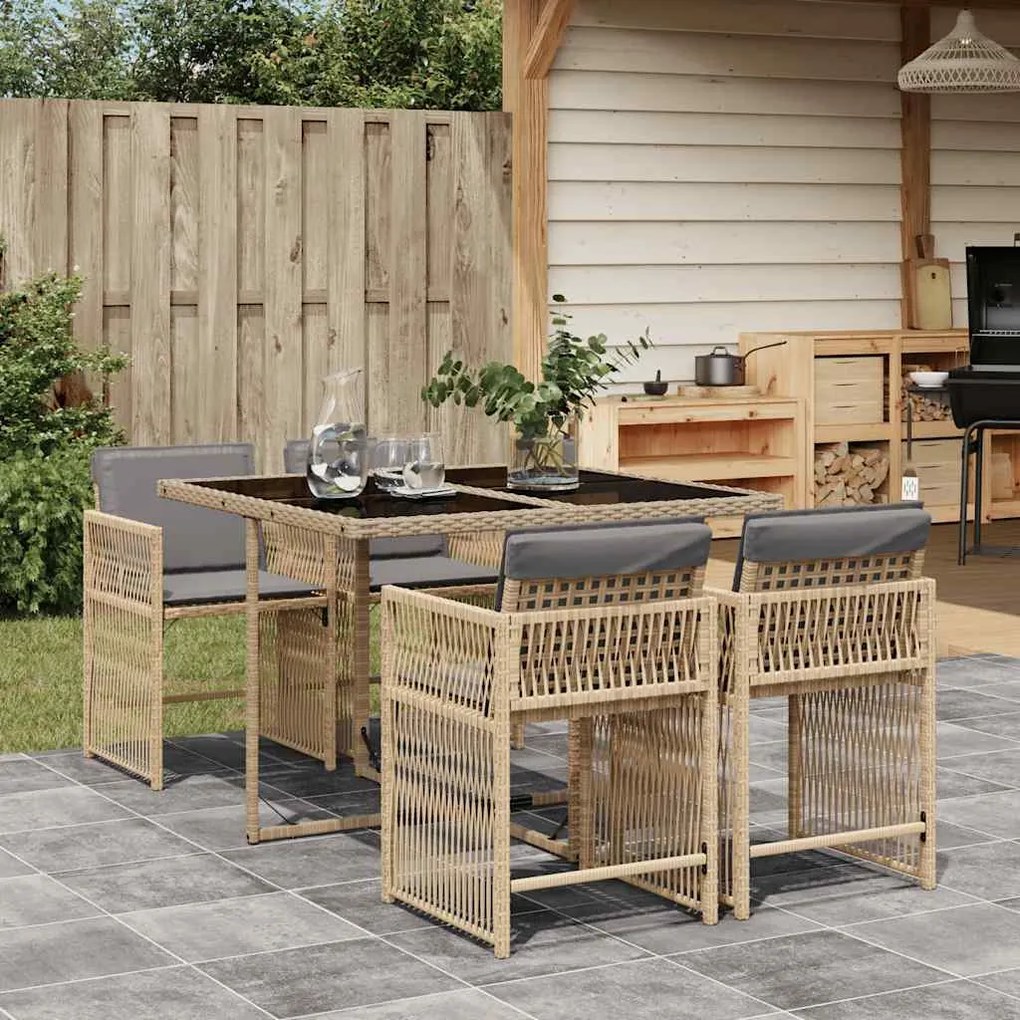 vidaXL 5pcs conj. jantar jardim c/ almofadões vime PE bege misturado
