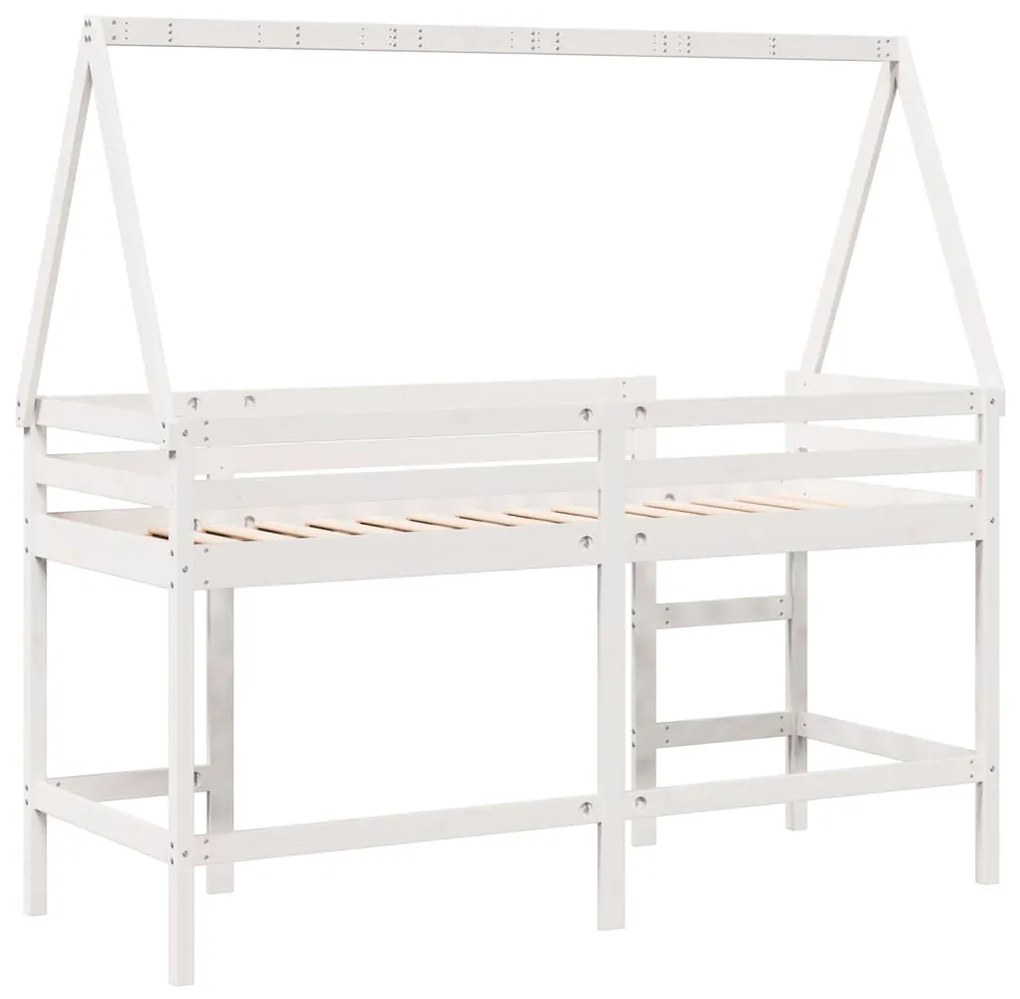 Cama alta c/ escada e telhado 80x200 cm pinho maciço branco