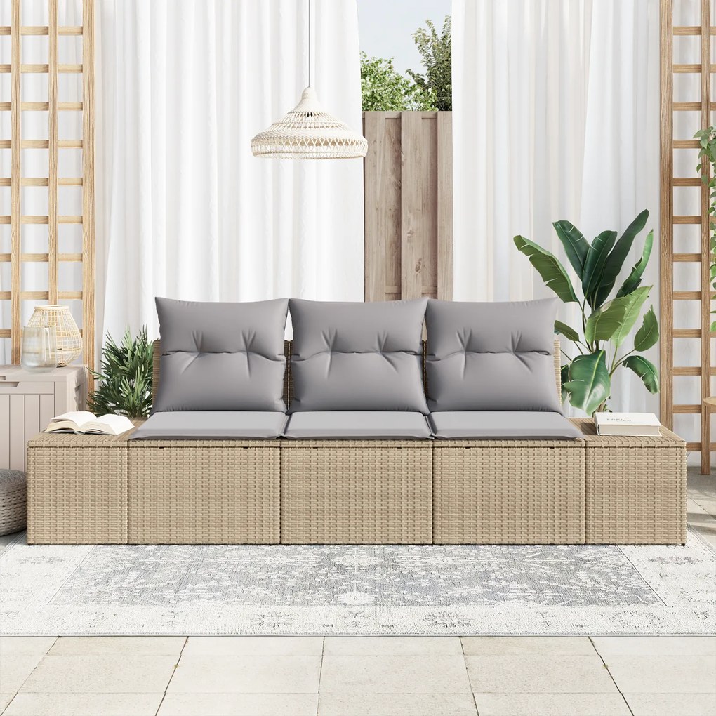 Conjunto de Sofás de Jardim de 3 Peças com Almofadas Bege Rattan Polim