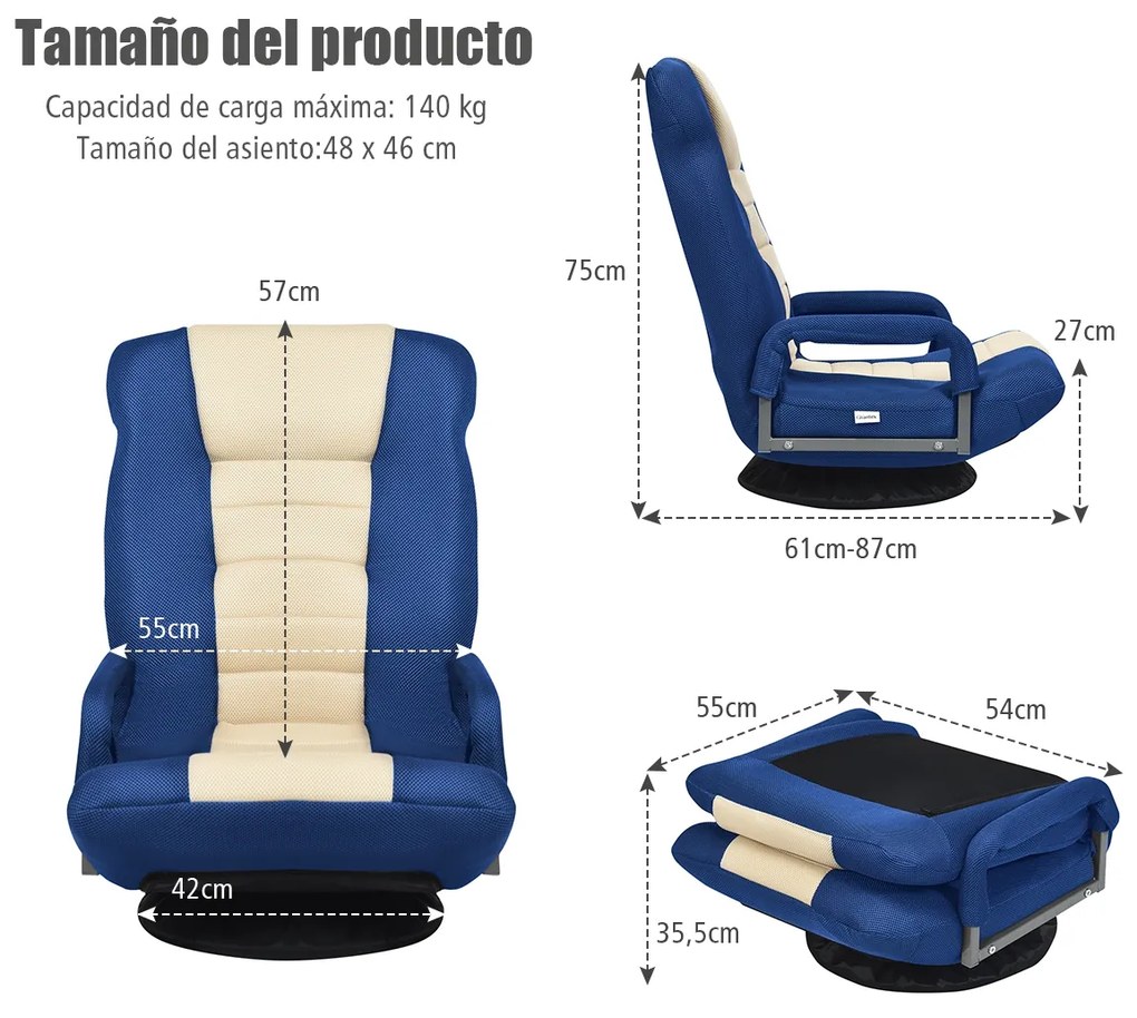 Cadeira Gaming de chão ajustável em 6 posições com base giratória de 360° para leitura e relaxamento 61-87 x 55 x 75 cm Azul