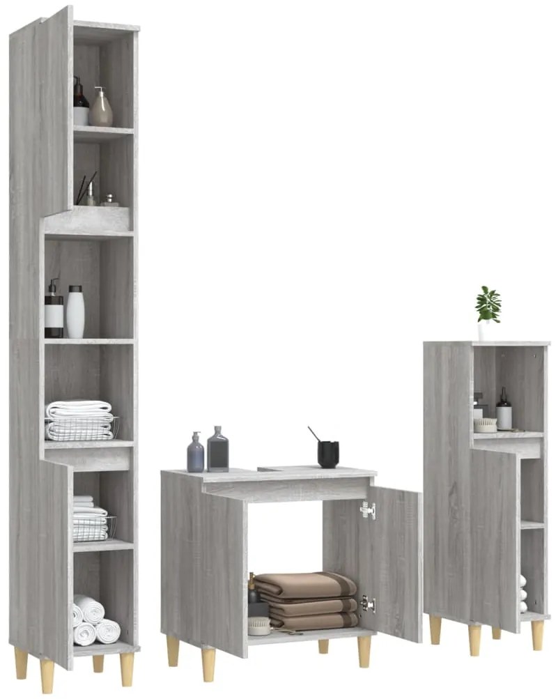 3 pcs Conjunto móveis casa de banho madeira proc. cinza sonoma