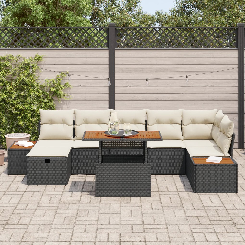 Conjunto de Sofá de 8 Peças com Almofadas Rattan Preto