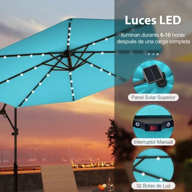 Guarda-sol exterior de 3 m com rotação de 360° e 32 luzes LED Ajuste fácil da inclinação Manivela Turquesa