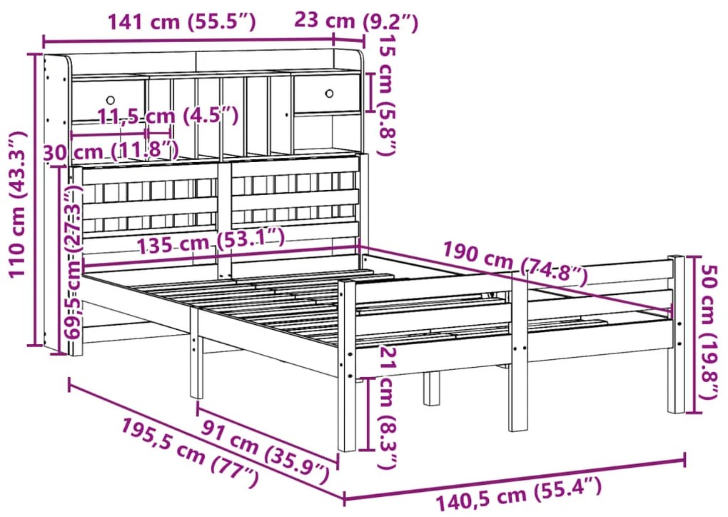 Cama com estante sem colchão 135x190 cm pinho maciço