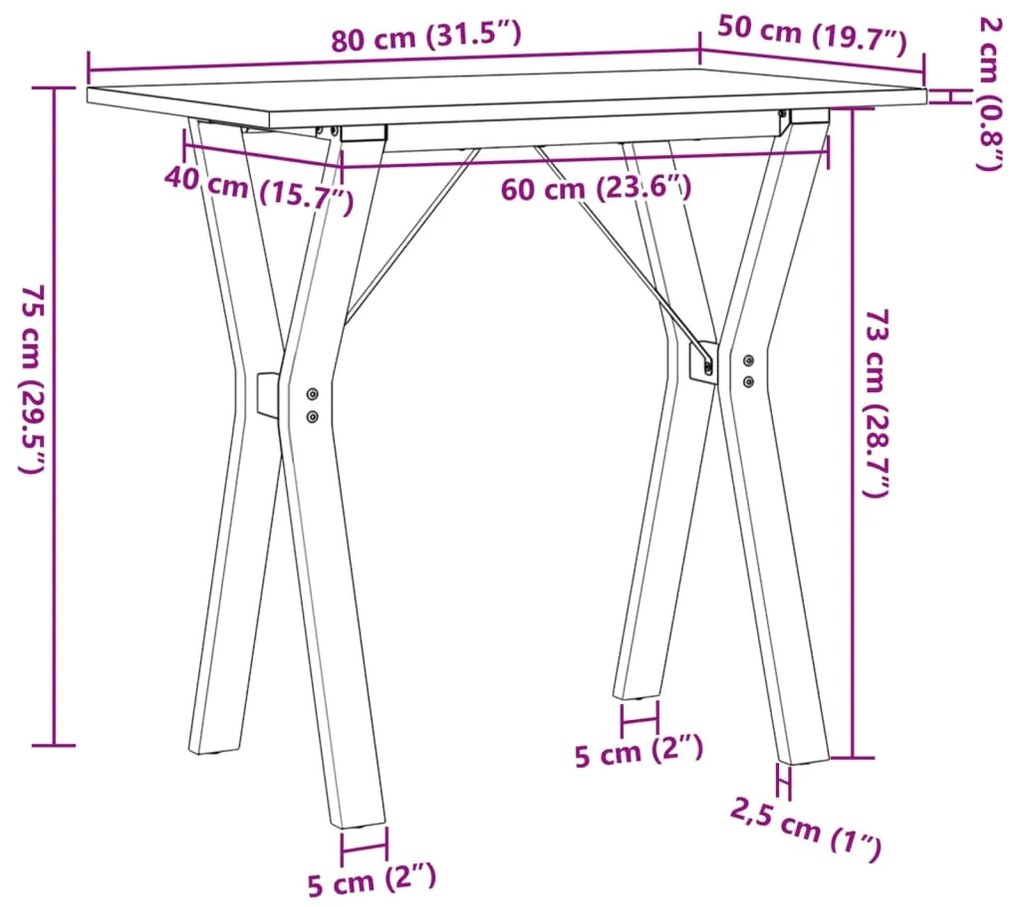 Mesa de jantar estrutura em Y 80x50x75 cm pinho e aço