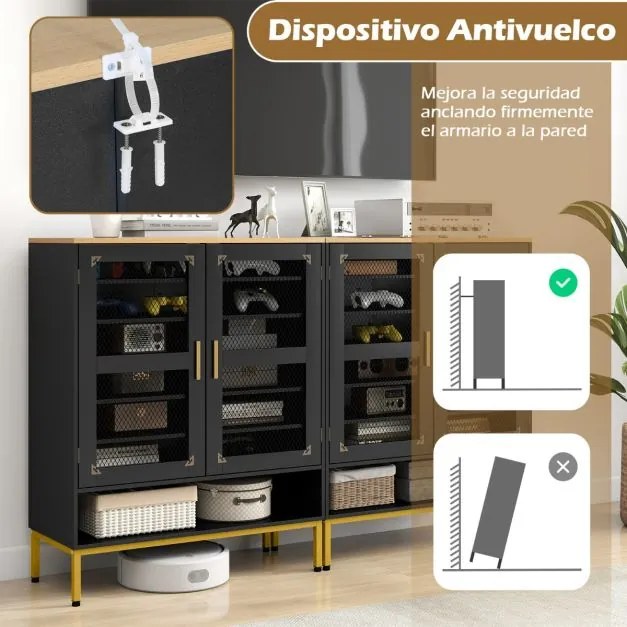 Sapateira de 7 níveis 80 x 37 x 106 cm com portas de malha Organizador moderno para sapatos em madeira com prateleiras ajustáveis Preto