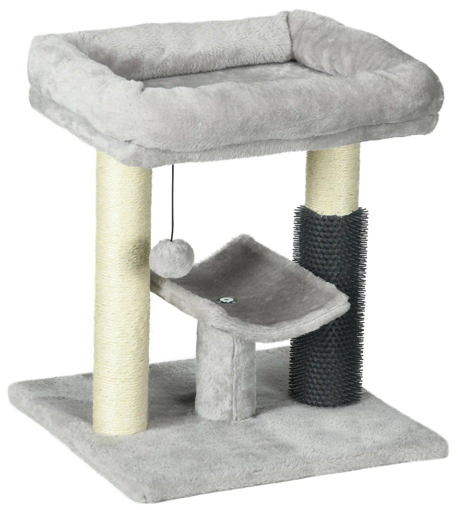 PawHut Arranhador para Gatos com 2 Postes de Arranhar Cama Plataforma em U e Escova Bola Suspensa 40x40x48 cm Cinza