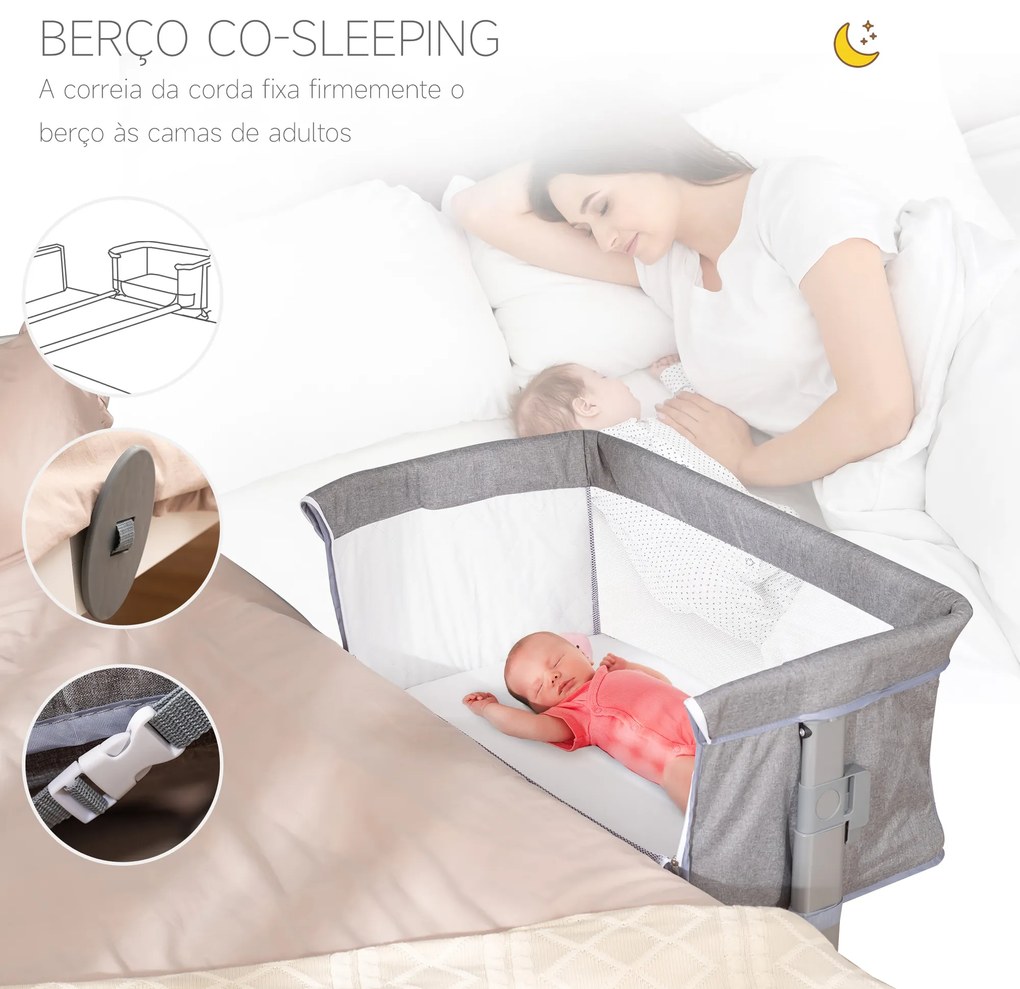 HOMCOM Berço de Bebé 2 em 1 Berço de Viagem Dobrável com Altura e Pés Ajustável em 5 Níveis Bolsa de Transporte até 9kg 86x50x83cm Cinza