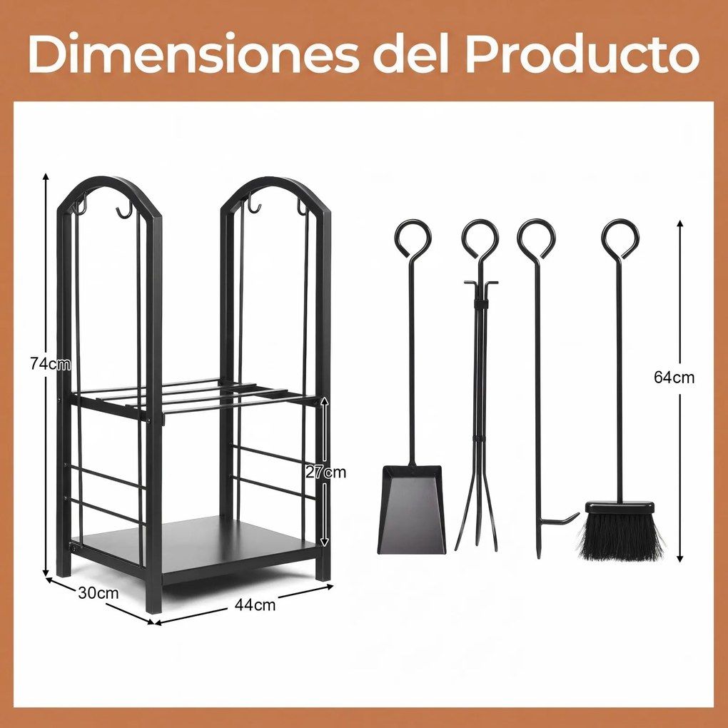 Conjunto de Suporte para Lenha e 4 Utensílios de Lareira, 44 x 30 x 74 cm, 2 Níveis de Armazenamento, Preto