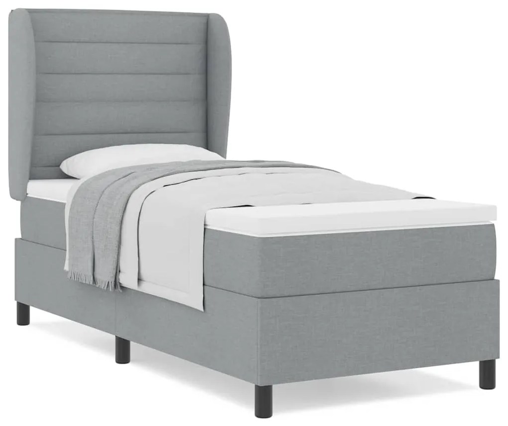 Cama box com colchão cinza claro, 100 x 200 cm, em tecido.