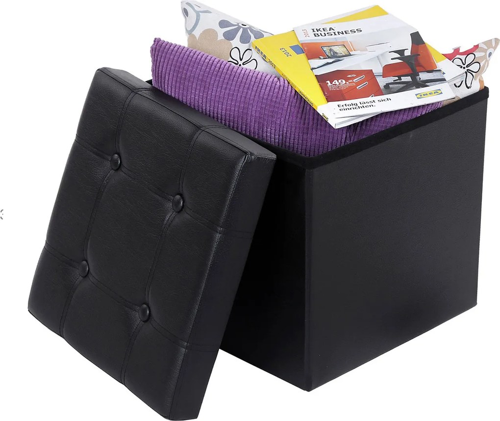 Banco quadrado com arrumação 38 x 35 x 35 cm em couro sintético preto