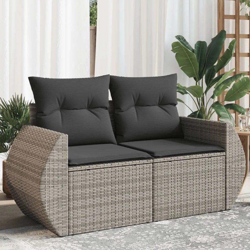 vidaXL Sofá de jardim de 2 lugares com almofadões vime PE cinzento