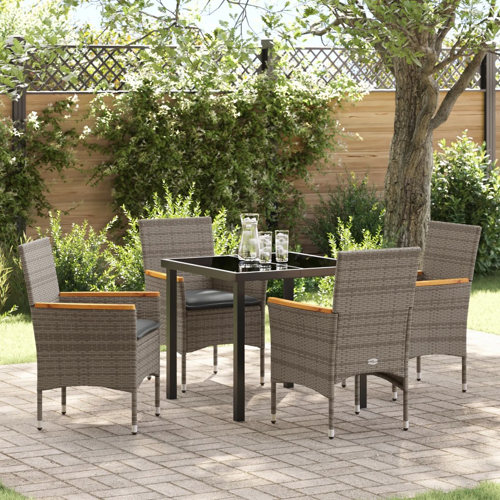 Conjunto de Jantar de Jardim de 5 Peças com Almofadas Rattan Poliéster Cinza