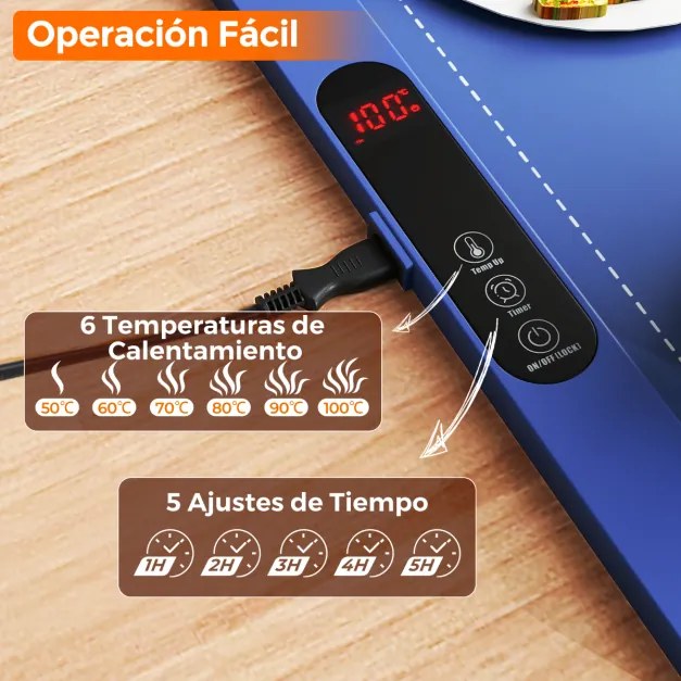 Bandeja elétrica aquecedora 60 x 38 x 2 cm com temperatura ajustável em 6 níveis Bandeja aquecedora de silicone com temporizador de 1 a 5 horas Azul