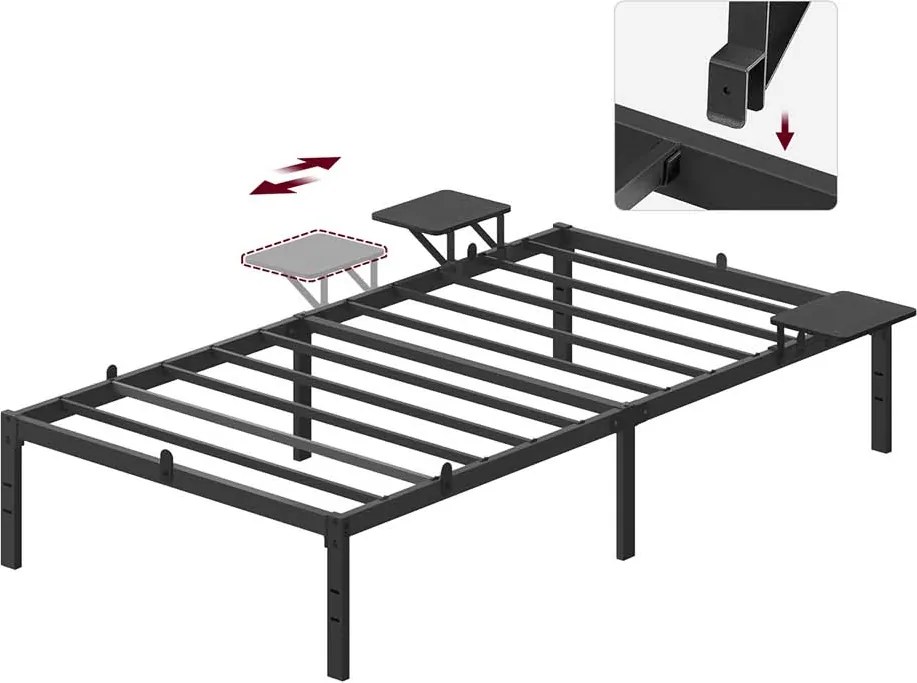 Estrutura de cama de casal em metal com prateleiras de arrumação (COLHÃO NÃO INCLUIDO) 200 x 90 x 40,6 cm preto