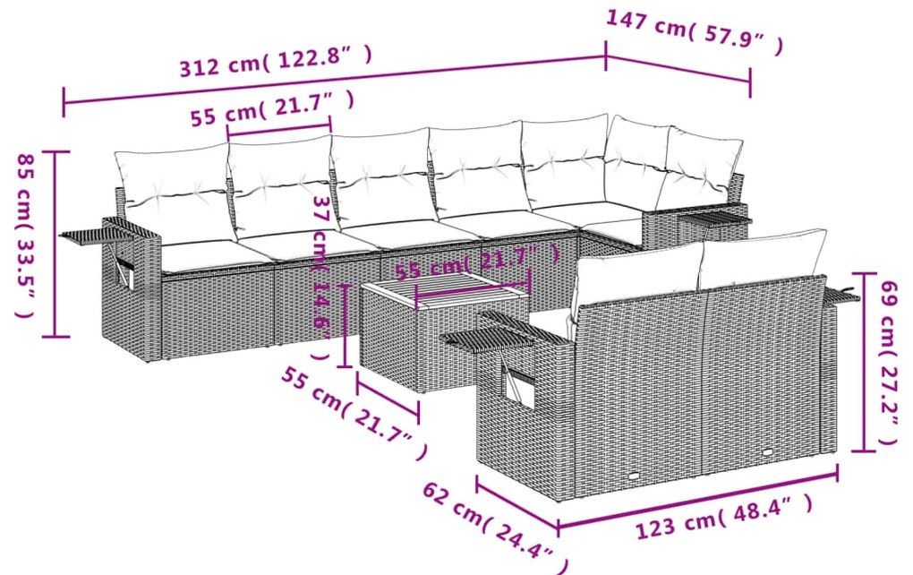 9 pcs conj. sofás jardim c/ almofadões vime PE bege misturado