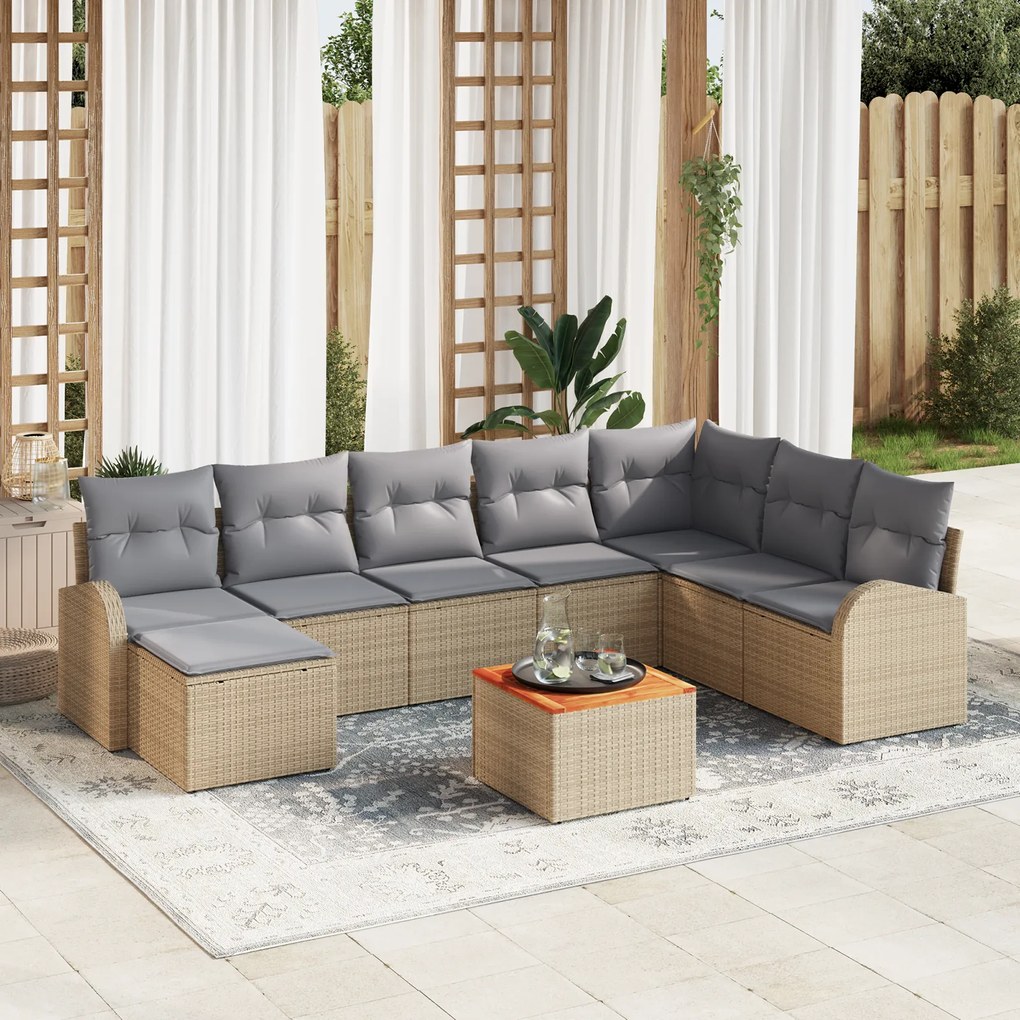 Conjunto de Sofá de Jardim vidaXL com Almofadas de 9 Peças Bege Vime Polipropileno Acácia