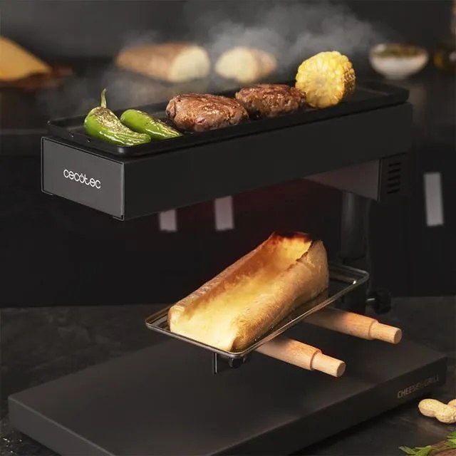 Raclette com Potência 600 W Cheese&amp;Grill 6000 Black, Função Grill, Acabamento em aço inoxidável, Termóstato ajustável, 2 Espátulas de madeira, Grelhad