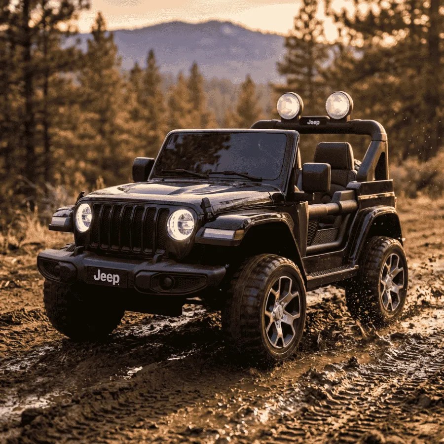 Jeep elétrico para crianças Wrangler 12V Pneus EVA, Assento de couro sintético Preto