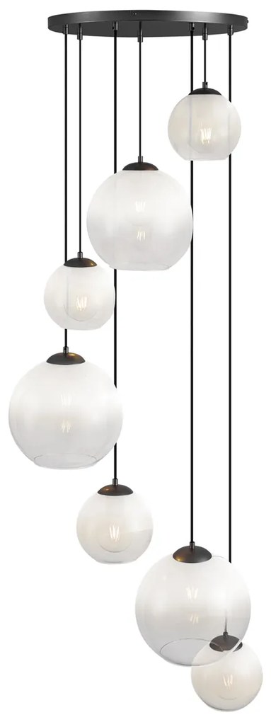 Candeeiro suspenso moderno preto com vidro branco redondo 7 luzes - Misty Moderno