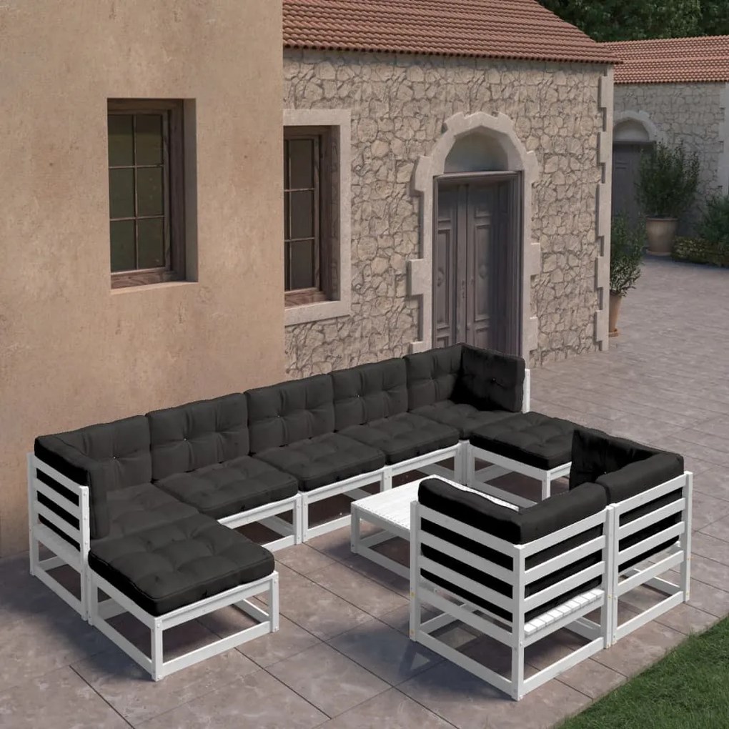 vidaXL 10 pcs conj. lounge de jardim c/ almofadões pinho maciço branco