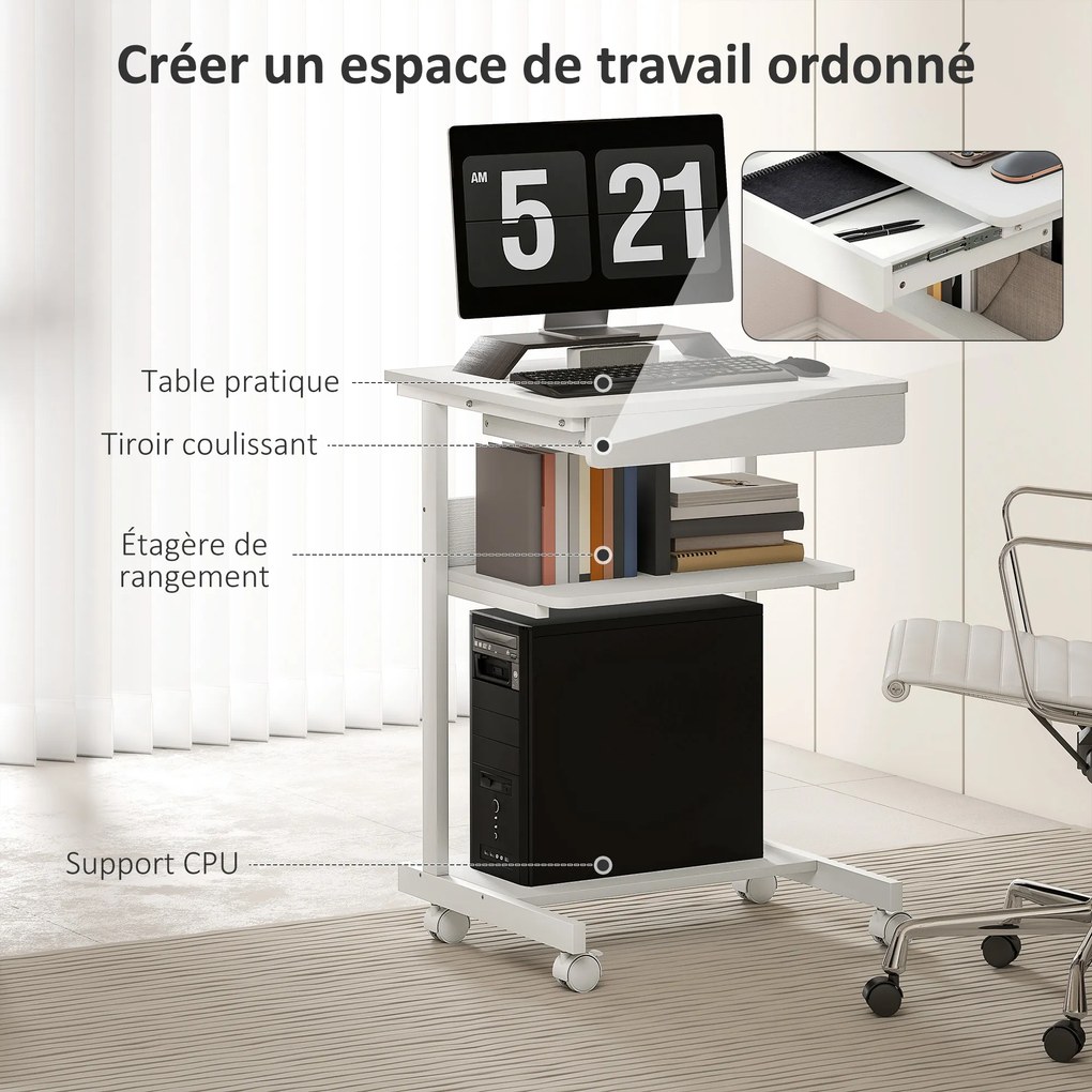 Secretária de computador com rodas, secretária com arrumação 56 x 51 cm com gaveta, compartimento e suporte para CPU, branca