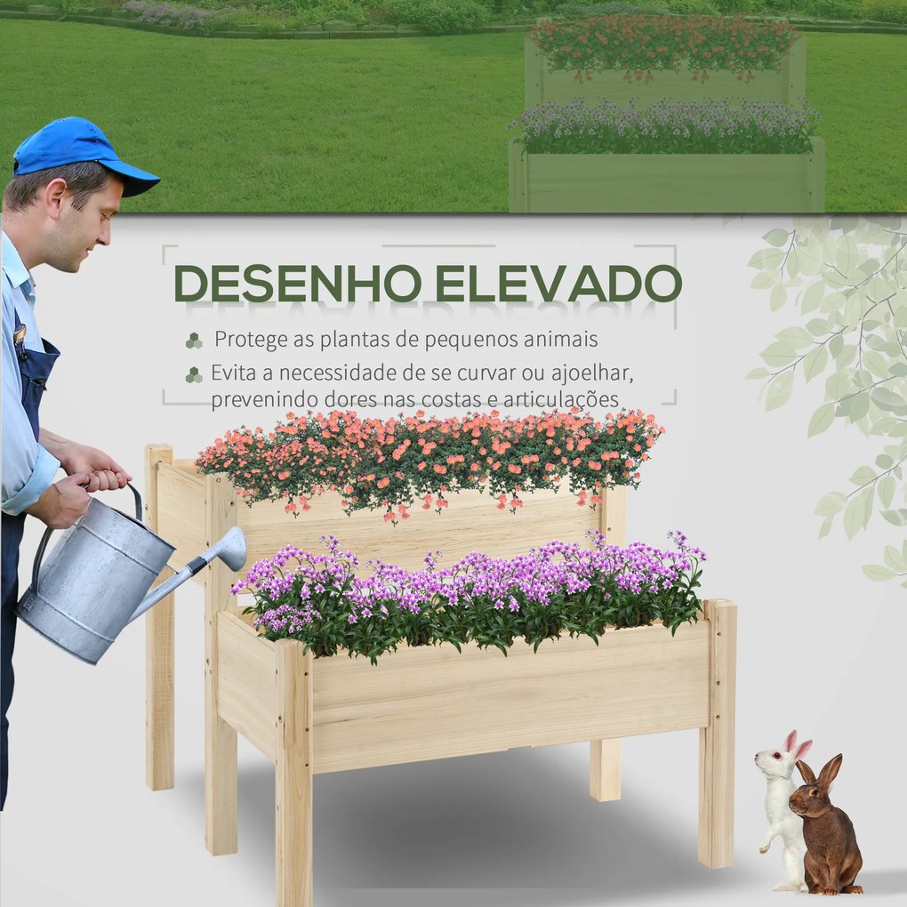 Horta Elevada de Madeira de 2 Níveis Horta para Cultivo de Plantas Flores Verduras 86x85x72 cm Madeira