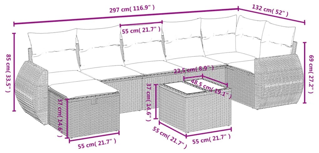 8 pcs conjunto sofás de jardim com almofadões vime PE preto